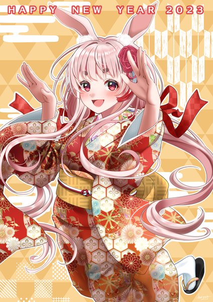 Anime picture 1457x2064 with original yoshiki 3821 single long hair tall image looking at viewer blush open mouth twintails animal ears pink hair traditional clothes :d japanese clothes pink eyes bunny ears low twintails eyebrows new year happy new year