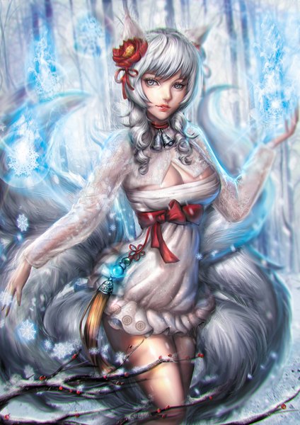Anime picture 1600x2262 with league of legends ahri (league of legends) sangrde single long hair tall image breasts blue eyes standing animal ears silver hair tail animal tail hair flower light smile fox ears magic drill hair fox tail fox girl