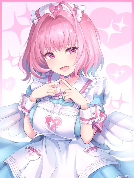 Anime picture 1800x2400 with idolmaster idolmaster cinderella girls yumemi riamu blue blood moon single tall image blush fringe highres short hair breasts open mouth simple background looking away pink hair ahoge pink eyes multicolored hair two-tone hair fang (fangs)