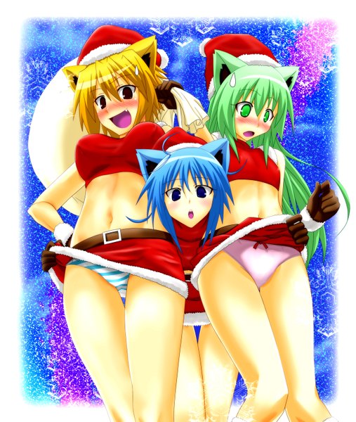 Anime picture 1267x1500 with original watarui long hair tall image blush short hair breasts open mouth blue eyes light erotic blonde hair large breasts multiple girls brown eyes green eyes animal ears blue hair green hair legs flat chest