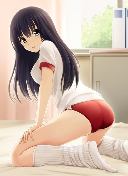 Anime picture 800x1100 with original nonaka ritsu single long hair tall image looking at viewer fringe breasts open mouth blue eyes light erotic black hair hair between eyes ass from behind sunlight blurry short sleeves leaning no shoes