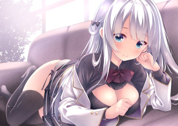 Anime picture 2400x1697 with original ryo (botugo) single long hair looking at viewer blush fringe highres breasts light erotic smile large breasts cleavage silver hair lying aqua eyes off shoulder no shoes on stomach head rest