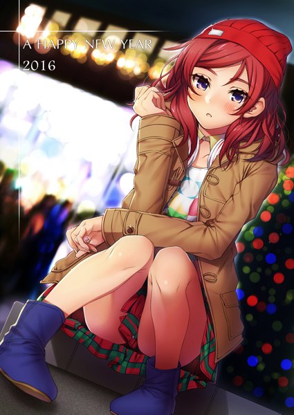 Anime picture 2507x3541 with love live! school idol project sunrise (studio) love live! nishikino maki yana mori single tall image looking at viewer blush highres short hair open mouth purple eyes red hair new year happy new year 2016 girl skirt miniskirt