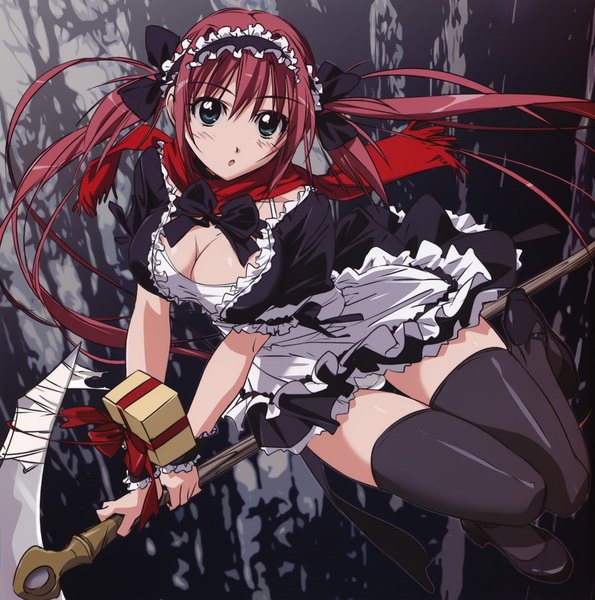Anime picture 4243x4280 with queen's blade airi (queen's blade) takamura kazuhiro single long hair tall image highres blue eyes light erotic twintails absurdres cleavage red hair maid girl thighhighs bow weapon black thighhighs hair bow