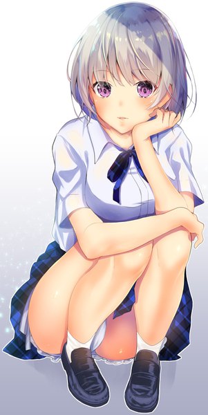 Anime picture 825x1643 with original yu yu single tall image looking at viewer short hair light erotic simple background sitting purple eyes silver hair full body parted lips sparkle shadow pantyshot gradient background plaid skirt pantyshot sitting chin rest