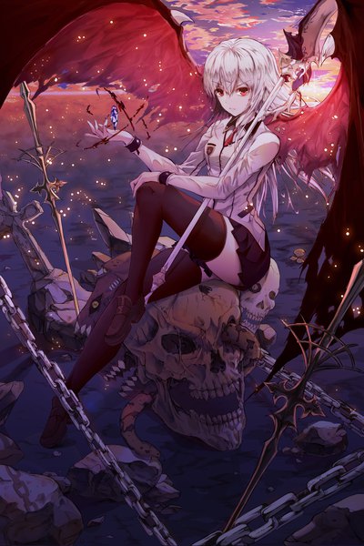 Anime picture 4000x6006 with original neon (hhs9444) single long hair tall image looking at viewer fringe highres hair between eyes red eyes sitting payot absurdres sky silver hair cloud (clouds) full body bent knee (knees) outdoors long sleeves