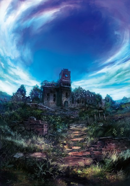 Anime picture 700x1000 with original munashichi tall image sky cloud (clouds) no people scenic ruins plant (plants) tree (trees) building (buildings) grass