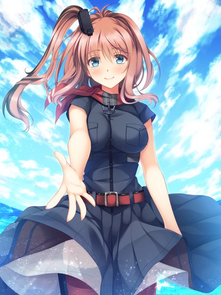 Anime-Bild 1200x1600 mit kantai collection saratoga (kantai collection) imachireki single long hair tall image looking at viewer blush breasts blue eyes smile brown hair sky cloud (clouds) outstretched arm remodel (kantai collection) girl thighhighs dress