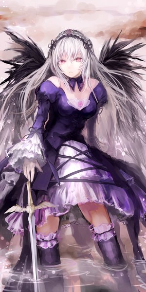 Anime picture 1000x2000 with rozen maiden suigintou nekomichi single long hair tall image looking at viewer red eyes silver hair lolita fashion goth-loli girl dress hair ornament weapon sword wings water socks boots