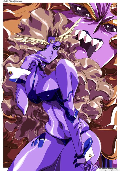 Anime picture 2480x3507 with bishoujo senshi sailor moon toei animation sailor moon monster book dd girls hinomars19 long hair tall image looking at viewer fringe highres breasts light erotic brown hair large breasts standing purple eyes cleavage arm up teeth skindentation