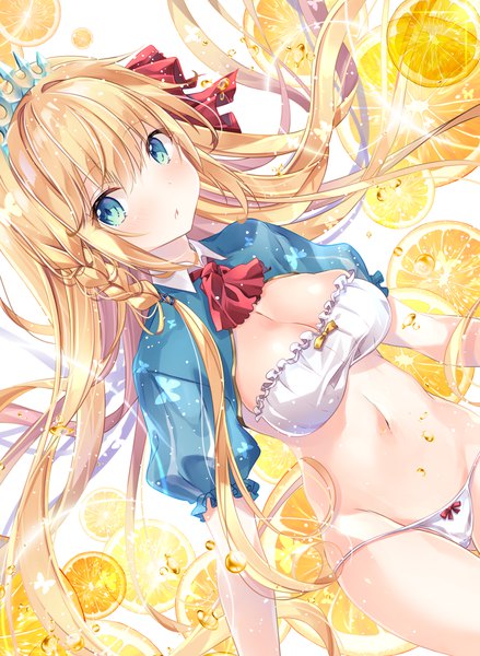 Anime picture 1000x1367 with princess connect! re:dive princess connect! pecorine (princess connect!) kurun (kurun777) single long hair tall image looking at viewer blush fringe breasts open mouth blue eyes light erotic simple background blonde hair hair between eyes large breasts white background cleavage