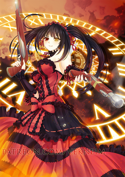 Anime picture 707x1000 with date a live tokisaki kurumi vekneim single long hair tall image blush fringe breasts black hair smile red eyes large breasts twintails holding signed yellow eyes cleavage blunt bangs heterochromia