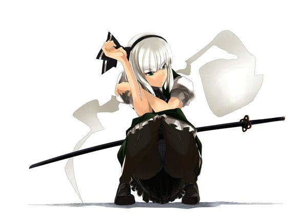 Anime picture 2000x1430 with touhou konpaku youmu zenisu single highres short hair light erotic white background sitting green eyes white hair ghost girl underwear panties weapon sword hairband katana