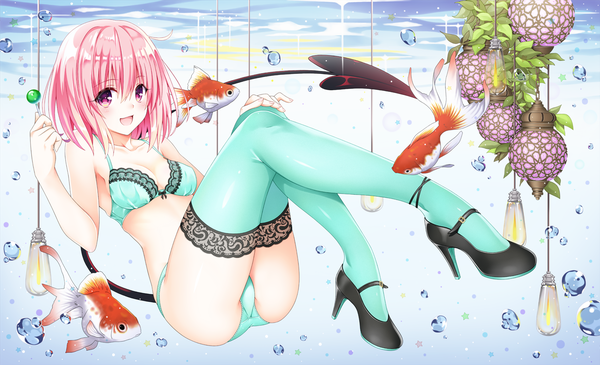 Anime picture 1232x750 with toloveru toloveru darkness xebec momo velia deviluke ffcreatyuuki single looking at viewer blush fringe short hair breasts open mouth light erotic smile hair between eyes wide image holding pink hair full body bent knee (knees)