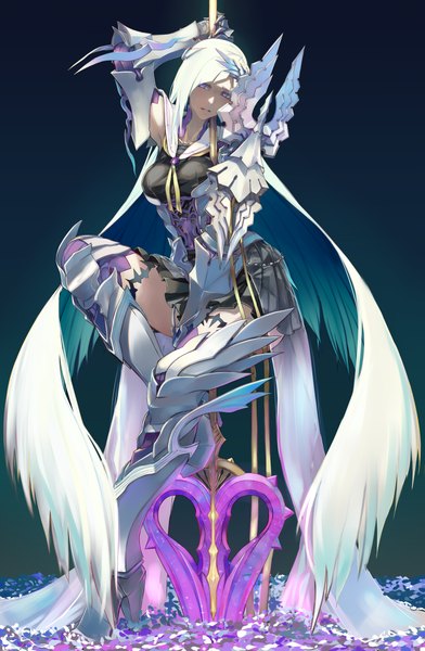 Anime picture 1504x2303 with fate (series) fate/grand order fate/prototype brynhildr (fate) jikeshi single tall image looking at viewer blush fringe breasts simple background large breasts standing sitting purple eyes bare shoulders blue hair full body bent knee (knees)