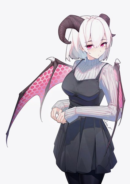 Anime picture 1060x1500 with original leria v single tall image looking at viewer fringe short hair simple background hair between eyes standing white background signed white hair pink eyes horn (horns) demon girl slit pupils demon wings girl skirt