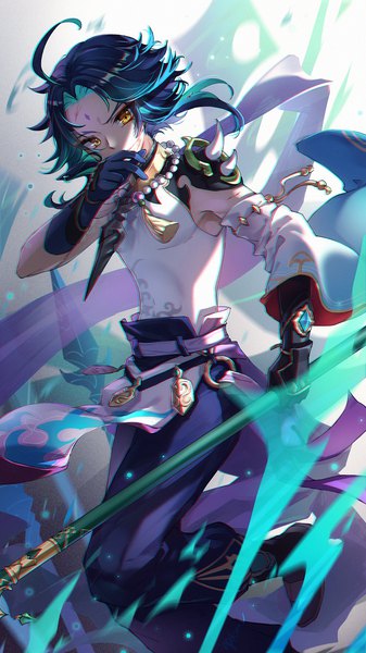 Anime picture 1000x1778 with genshin impact xiao (genshin impact) cat princess single tall image short hair yellow eyes ahoge aqua hair covered mouth forehead mark boy gloves weapon detached sleeves black gloves tassel spear