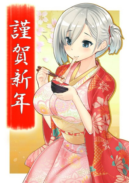 Anime picture 800x1132 with kantai collection hamakaze destroyer sin (kami148) single tall image blush short hair blue eyes silver hair traditional clothes japanese clothes inscription eating new year happy new year nengajou girl food kimono obi