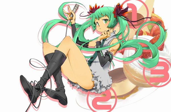 Anime picture 1181x776 with vocaloid world is mine (vocaloid) hatsune miku nansui kinoko long hair simple background white background sitting twintails green eyes full body green hair girl ribbon (ribbons) hair ribbon detached sleeves thigh boots microphone