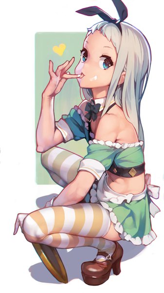 Anime-Bild 1688x3000 mit blend s a-1 pictures kanzaki hideri ataruman single long hair tall image looking at viewer blue eyes light erotic simple background white background sitting bare shoulders silver hair full body bent knee (knees) off shoulder shadow midriff