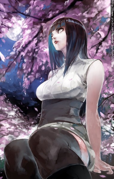 Anime picture 1000x1571 with naruto studio pierrot naruto (series) hyuuga hinata kimahri215 single long hair tall image fringe breasts black hair large breasts sitting bare shoulders signed looking away bent knee (knees) outdoors blunt bangs parted lips