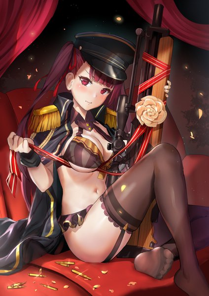 Anime picture 707x1000 with girls frontline wa2000 (girls frontline) qian wu atai single long hair tall image looking at viewer blush fringe breasts light erotic large breasts sitting purple eyes twintails holding purple hair bent knee (knees) blunt bangs head tilt