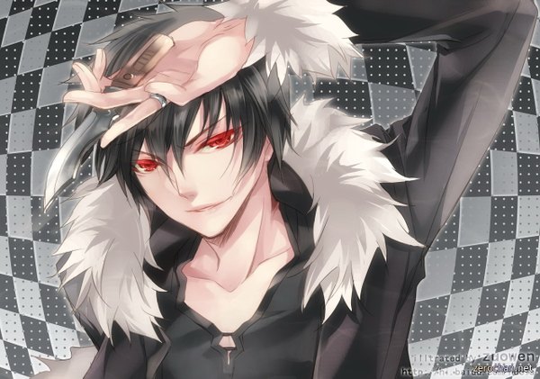 Anime picture 1280x899 with durarara!! brains base (studio) orihara izaya zuowen single looking at viewer short hair black hair smile red eyes signed hand on head checkered background boy weapon fur ring knife