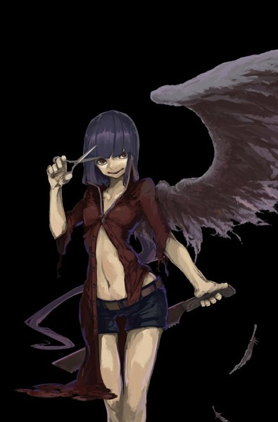 Anime picture 660x1001 with original tsubuan single tall image looking at viewer fringe short hair simple background smile brown eyes blue hair bare belly black background girl navel weapon wings shorts short shorts feather (feathers)