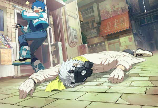 Anime picture 2048x1410 with dramatical murder nitro+chiral aoba (dmmd) clear (dmmd) honya lala highres short hair open mouth blue hair silver hair lying multiple boys hieroglyph boy gloves scarf 2 boys gas mask