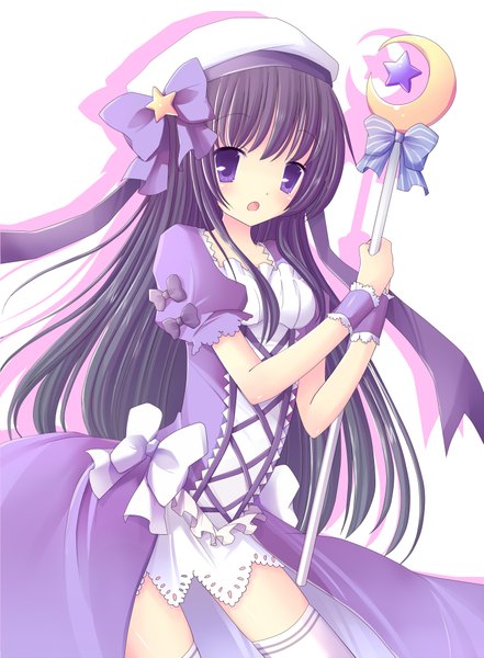 Anime picture 1500x2041 with ringonotane (muku) single long hair tall image looking at viewer open mouth black hair simple background white background purple eyes shadow zettai ryouiki girl dress bow hat star (symbol) staff moon (symbol)