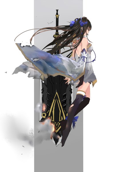 Anime picture 2480x3507 with original hzw3 single long hair tall image fringe highres hair between eyes brown hair white background twintails bare shoulders yellow eyes full body profile wind wide sleeves hair bun (hair buns) smoke midair