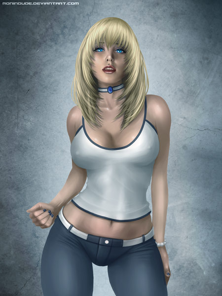 Anime picture 3000x4000 with ronin dude (ray cornwell) single long hair tall image looking at viewer highres breasts blue eyes light erotic blonde hair large breasts bare shoulders erect nipples covered nipples girl navel choker t-shirt jeans