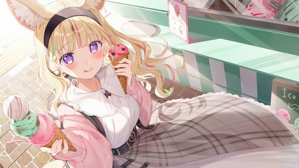 Anime picture 1920x1080 with virtual youtuber hololive omaru polka kinako (shiratama mochi) single long hair looking at viewer blush fringe highres breasts blonde hair wide image standing purple eyes holding animal ears outdoors blunt bangs long sleeves