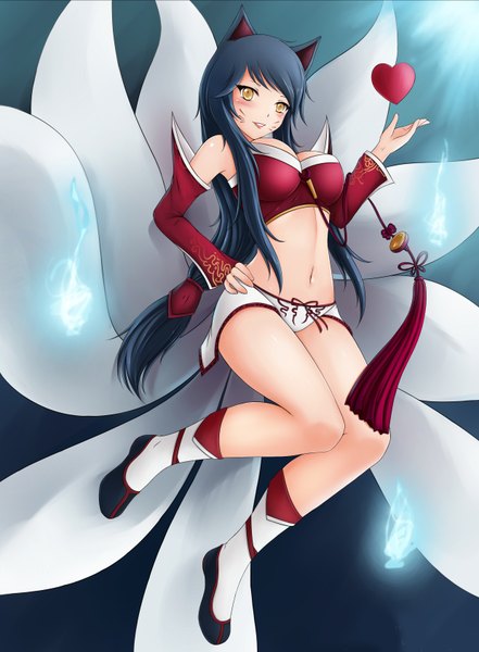 Anime picture 2480x3369 with league of legends ahri (league of legends) cheng single long hair tall image looking at viewer highres breasts light erotic black hair smile large breasts animal ears yellow eyes midriff facial mark fox tail multiple tails whisker markings
