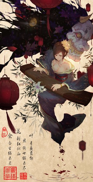 Anime picture 700x1358 with original kuroduki (pieat) single tall image looking at viewer fringe short hair breasts light erotic red eyes brown hair sitting bare shoulders payot cleavage traditional clothes japanese clothes hair flower horn (horns) light smile