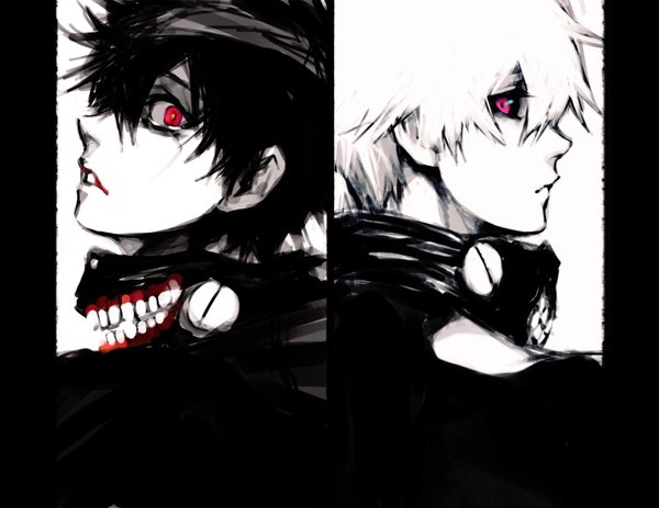 Anime picture 1182x914 with tokyo ghoul studio pierrot kaneki ken tagme (artist) looking at viewer short hair open mouth black hair simple background blonde hair red eyes white background white hair profile lips dual persona black sclera boy mask