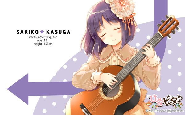 Anime picture 1680x1050 with hinabita kasuga sakiko cuteg single blush short hair purple hair eyes closed light smile text girl hair ornament guitar