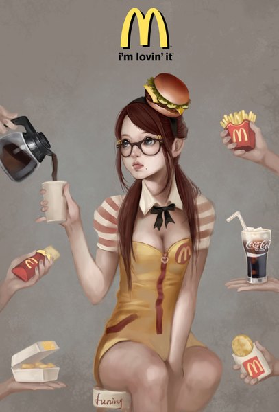 Anime picture 1017x1500 with original coca-cola mcdonald's bobo1983 single long hair tall image blue eyes brown hair sitting holding signed looking away cleavage inscription mole girl dress bow glasses