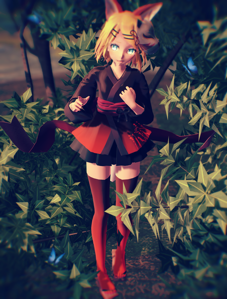 Anime picture 1900x2500 with vocaloid kagamine rin nastyasizaya single tall image looking at viewer fringe highres short hair blonde hair standing looking away nail polish pleated skirt aqua eyes fingernails zettai ryouiki long fingernails mask on head 3d