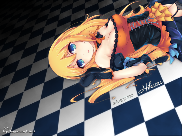 Anime picture 1600x1200 with microsoft aizawa hikaru chiyami long hair blue eyes blonde hair bare shoulders cleavage lying checkered floor checkered girl dress gloves