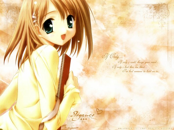 Anime picture 1024x768 with canvas (anime) tachibana amane single looking at viewer fringe short hair open mouth blue eyes brown hair holding payot back happy girl notebook