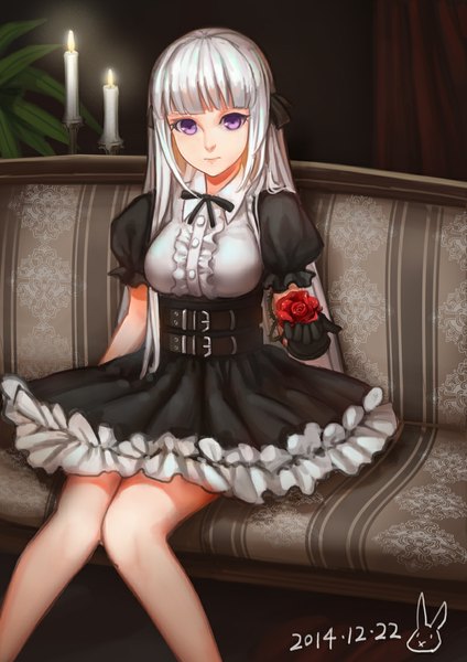 Anime picture 800x1132 with original kirigaku luo single long hair tall image looking at viewer fringe sitting purple eyes bent knee (knees) white hair bare legs girl dress ribbon (ribbons) hair ribbon couch fire candle (candles)