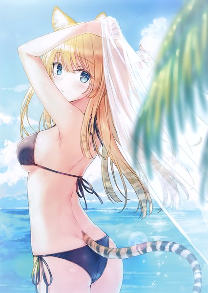 Anime picture 1969x2774 with comic toranoana hiten (hitenkei) single long hair tall image looking at viewer blush fringe highres breasts blue eyes light erotic blonde hair hair between eyes large breasts standing animal ears payot sky cloud (clouds)