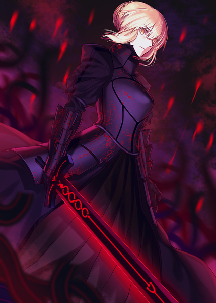 Anime picture 1296x1812 with fate (series) fate/stay night artoria pendragon (all) saber alter lip-mil single tall image looking at viewer fringe short hair blonde hair hair between eyes standing holding yellow eyes payot braid (braids) puffy sleeves glowing weapon darkness