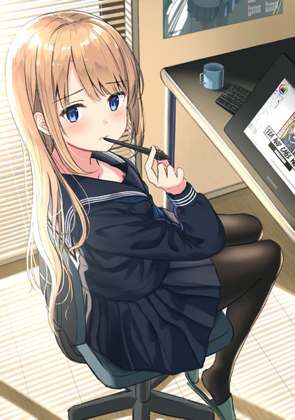 Anime picture 985x1400 with original burenbo single long hair tall image looking at viewer blush fringe blue eyes blonde hair sitting holding signed payot full body bent knee (knees) indoors long sleeves pleated skirt looking back