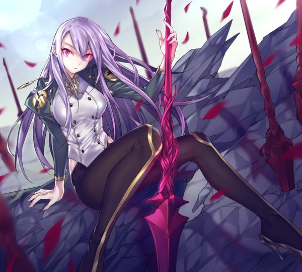 Anime picture 3053x2747 with maruchi single long hair looking at viewer fringe highres breasts open mouth hair between eyes sitting absurdres purple hair pink eyes wind arm support high heels girl weapon petals pantyhose