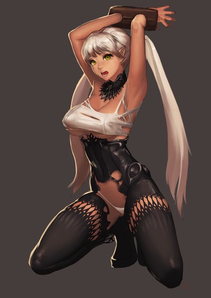 Anime picture 848x1200 with blade & soul instant-ip single long hair tall image looking at viewer breasts open mouth light erotic simple background twintails green eyes pointy ears grey hair grey background armpit (armpits) girl thighhighs underwear panties