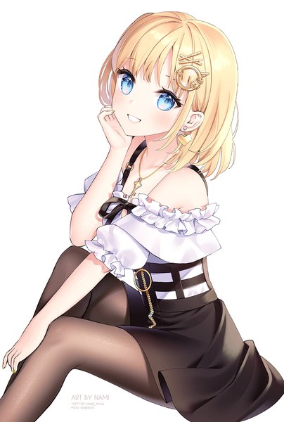 Anime picture 808x1200 with virtual youtuber hololive hololive english watson amelia nami (nyaa) single tall image looking at viewer short hair blue eyes simple background blonde hair smile white background sitting signed grin official alternate costume chin rest girl