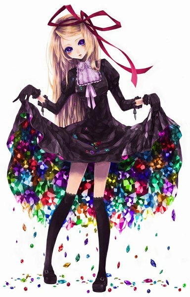 Anime picture 641x1000 with original tearra koushi rokushiro single long hair tall image looking at viewer fringe breasts simple background blonde hair standing white background purple eyes holding girl dress gloves bow ribbon (ribbons)