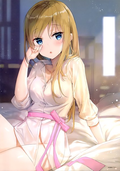 Anime picture 2891x4101 with original fuumi (radial engine) single long hair tall image looking at viewer blush fringe highres breasts open mouth blue eyes light erotic blonde hair hair between eyes sitting payot indoors scan arm support